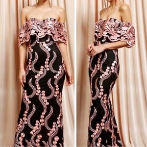 SOIEBLU Off Shoulder Embroidered Mexican Catrina Elegant Mermaid Maxi Dress Sz S